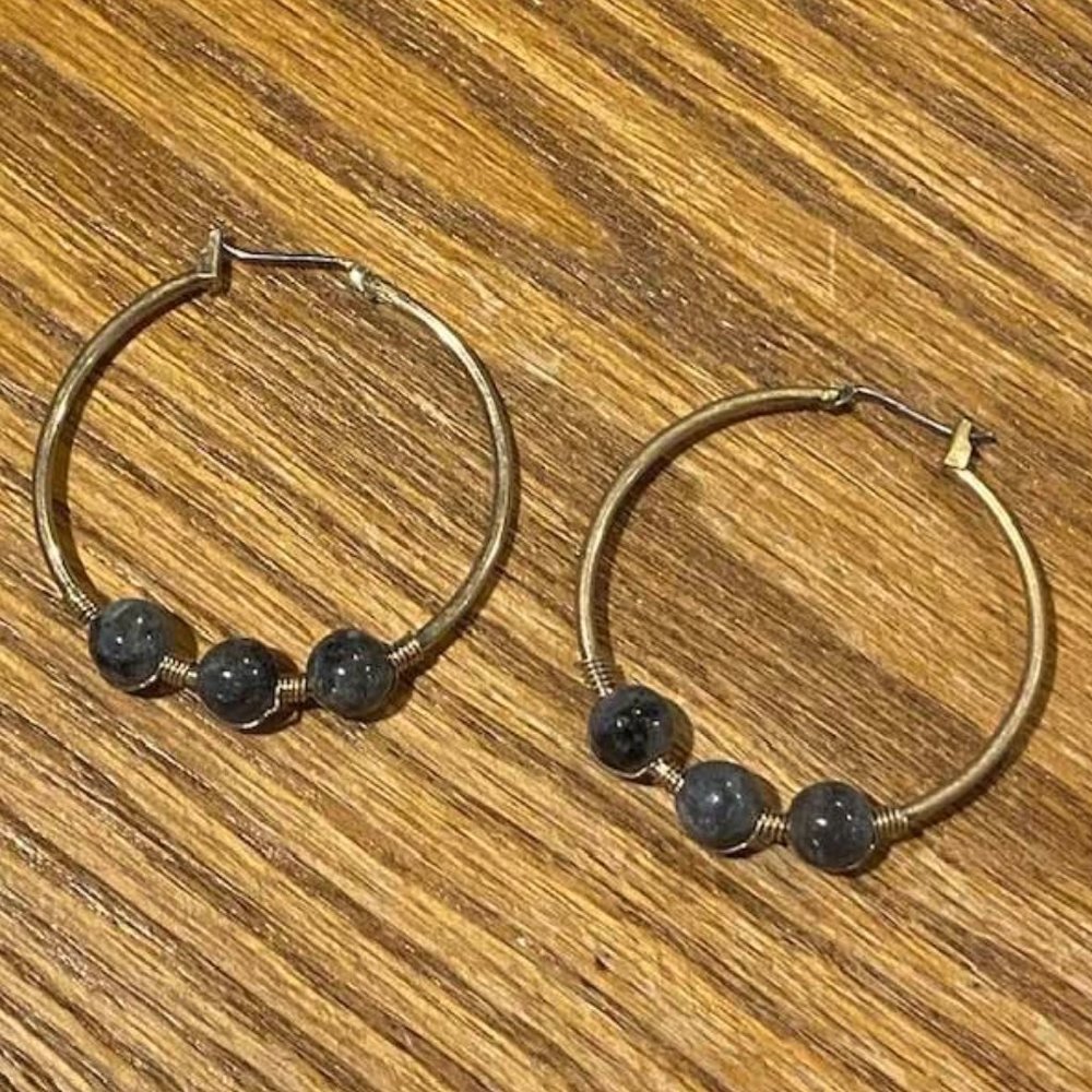 Gold Hoop Earrings with Black/Gray Accent Beads